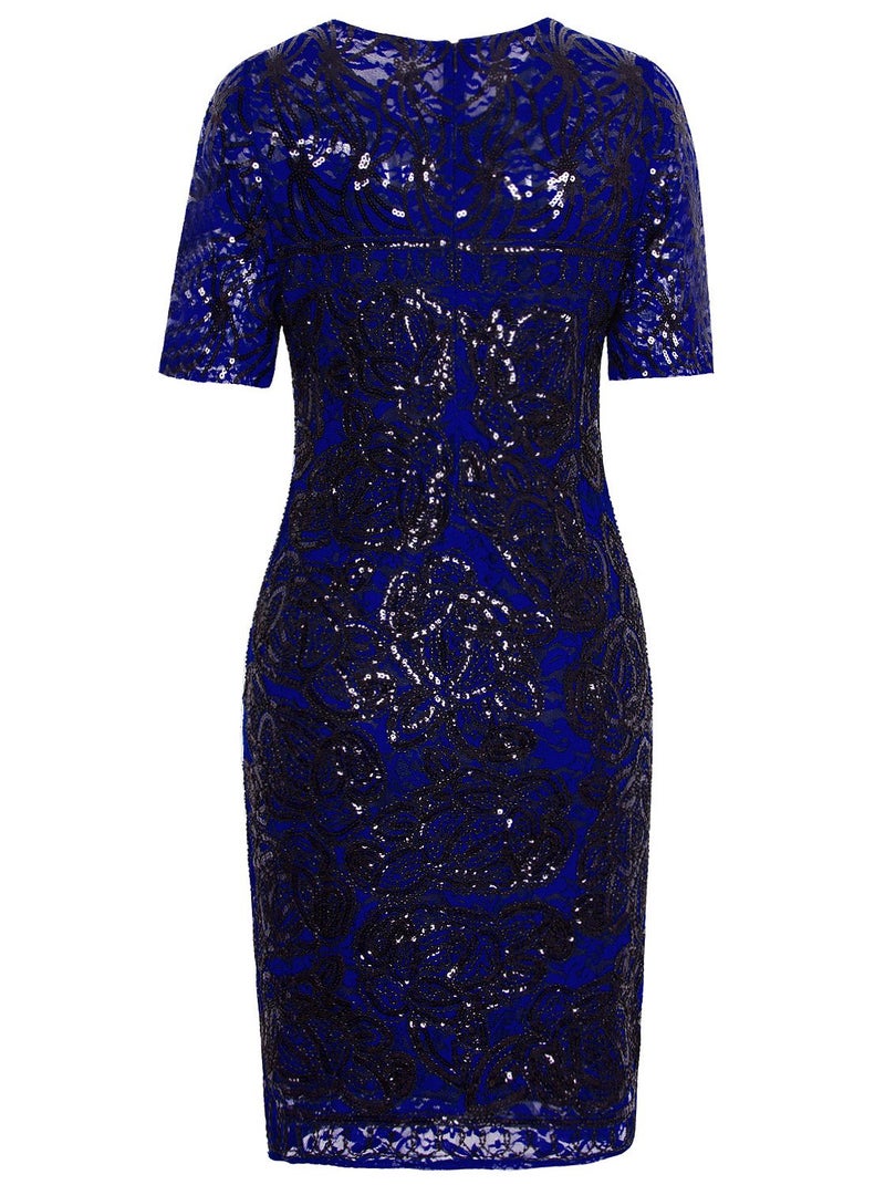 Vijiv Women Vintage Style Lace Beaded Cocktail Dress Sequin Great Gatsby Flapper Dress For Wedding Party With Sleeves,Blue,Large - Image 4